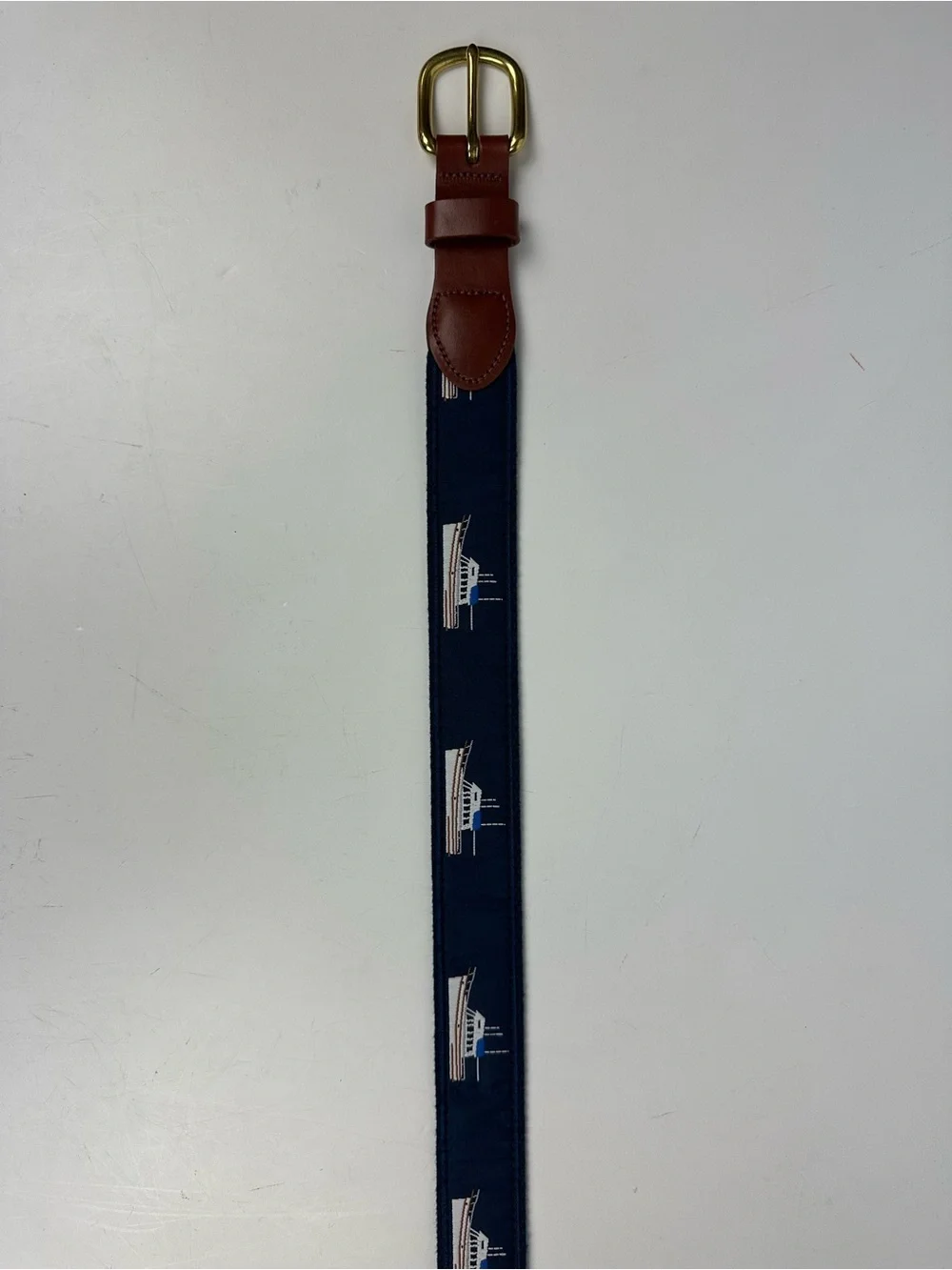 Navy Embroidered Boat Belt with Brown Leather Trim